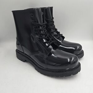 Unionbay Combat Rain Boots Black Glossy Lace Up Chunky Lug Sole Womens 9 M
